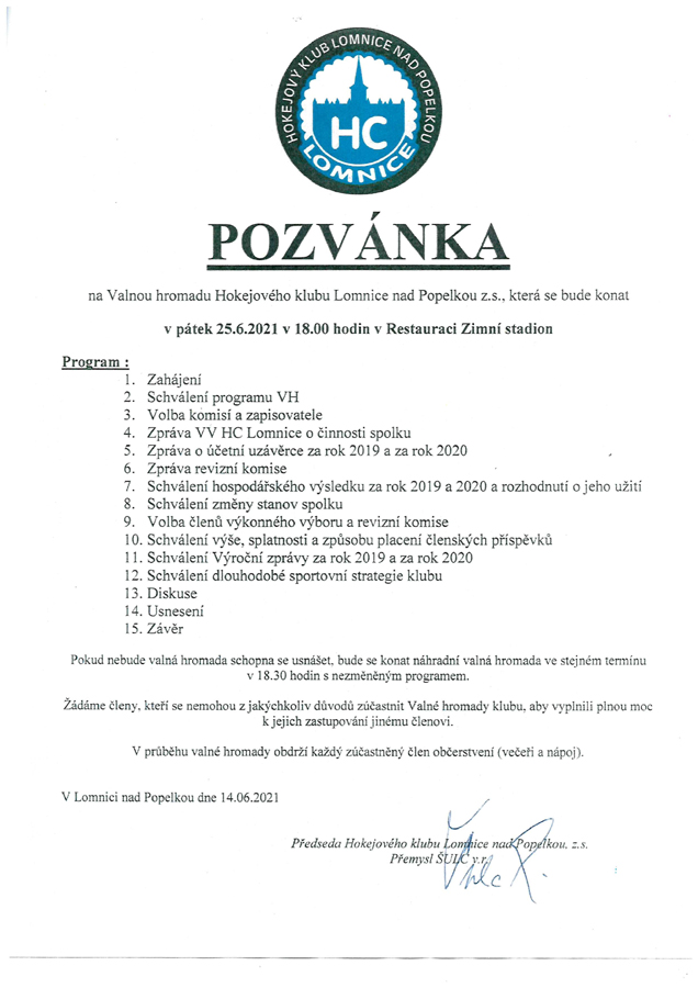 POZVÁNKA NA VALNOU HROMADU KLUBU POZVÁNKA NA VALNOU HROMADU KLUBU